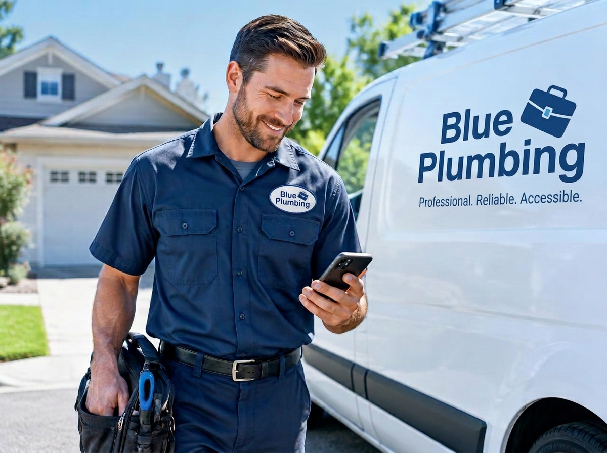 Blue Plumbing plumber checking his schedule on his phone next to his van